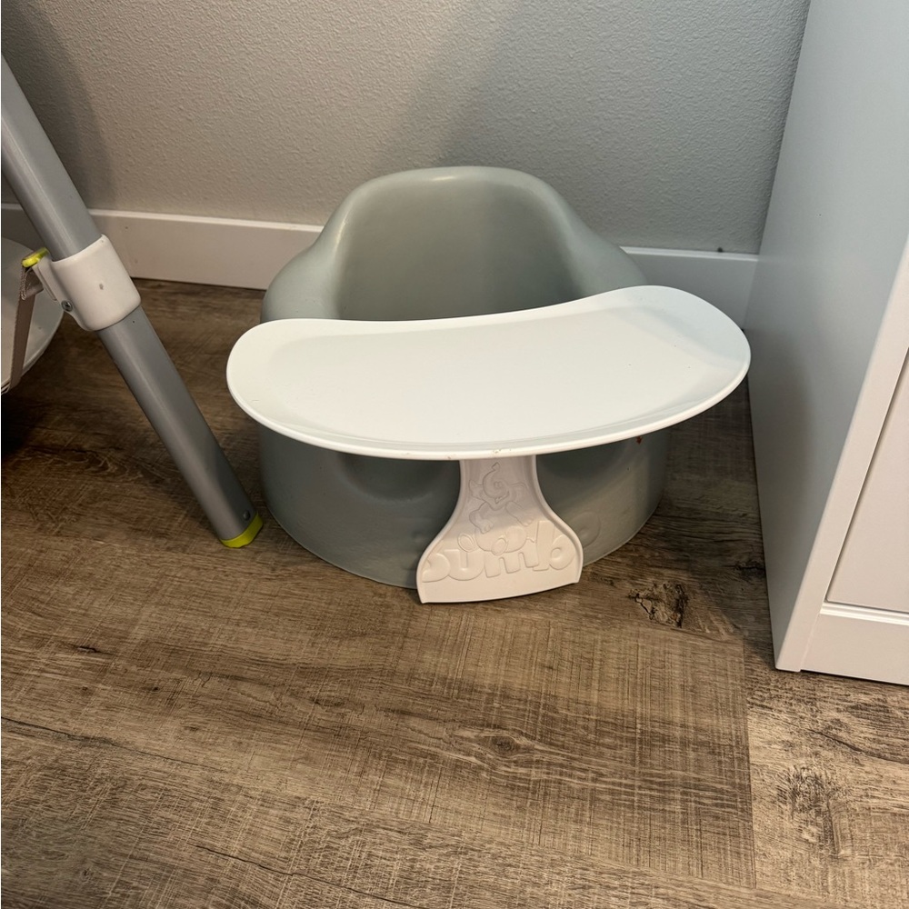 Gray and White Bumbo Seat with Tray